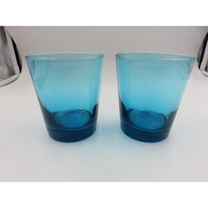 Anchor Hocking Aquamarine Glass Rocks Tumblers Pair Whiskey Glasses Barware